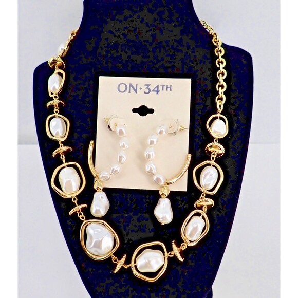 On 34th Faux Baroque Pearl Gold Tone Earrings & Style & Co Matching Necklace Set - Picture 1 of 11